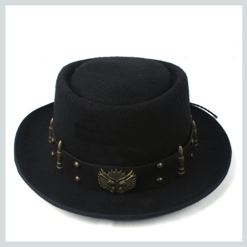 Pork Pie Hat for Men Women with Punk Belt Fashion Wool Fedora Trilby Fascinator Hat Pop Church Hat Size 58CM ► Photo 1/6