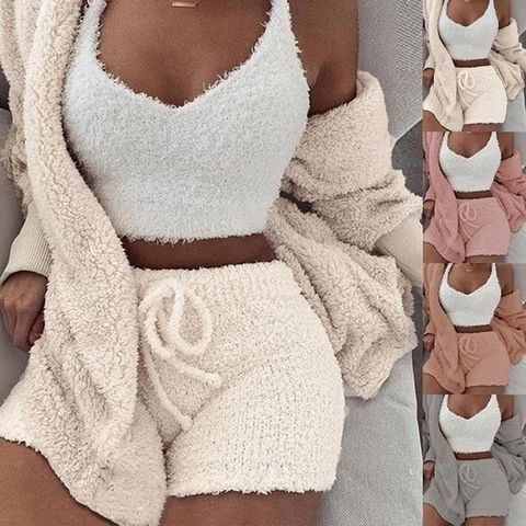 Three Piece Sexy Fluffy Sets Velvet Plush Hooded Cardigan Coat+Shorts+Crop Top Women Tracksuit Casual Sports Overalls Sweatshirt ► Photo 1/6