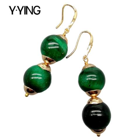 Y·YING 14mm Green Tigers Eye Smooth Round Dangle Hook Earrings ► Photo 1/6