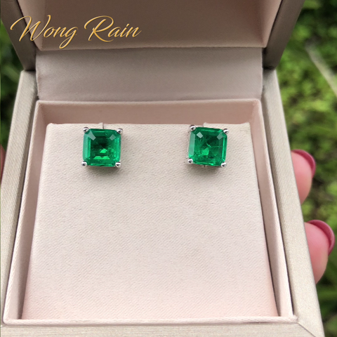 Wong Rain Vintage 100% 925 Sterling Silver Emerald Cut Emerald Gemstone Earrings White Gold Ear Studs Fine Jewelry Wholesale ► Photo 1/6