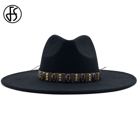 FS 2022 Classic Women Men 9.5CM Big Brim Wool Fedora Hat With Leather Ribbon Winter Autumn Wide Brim Panama Jazz Cap Church Hats ► Photo 1/6