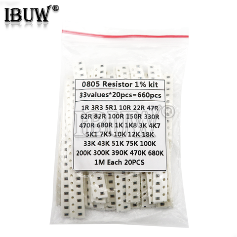 33ValuesX 20pcs=660pcs Sample kit 0805 SMD Resistor Kit Assorted Kit 1ohm-1M ohm 1% ► Photo 1/2