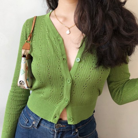 Women Button Through Crop Pointelle Knit Cardigan Open Stitch Knit Cardigans ► Photo 1/6