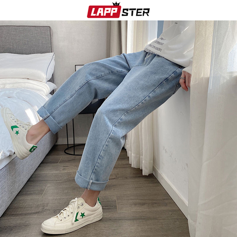 LAPPSTER Men Vintage Kpop Light Blue Jeans 2022 Mens Casual Streetwear Loose Harem Pants Male Oversized High Waisted Denim Pants ► Photo 1/6