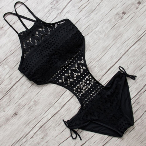 Sexy One Piece Swimsuit Backless Halter Beach Swimwear Crochet Bikini Bathing Suit 2022 Black Swimming Suit For Women ► Photo 1/6