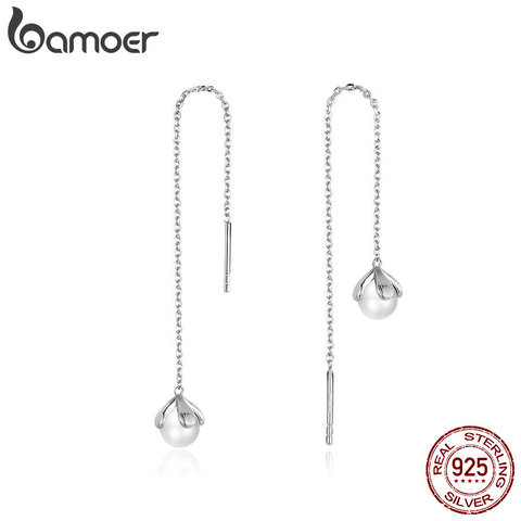 bamoer Genuine 925 Sterling Silver Pearl Long Chain Drop Dangle Earrings for Women Elegant Wedding Statement Jewelry BSE373 ► Photo 1/6