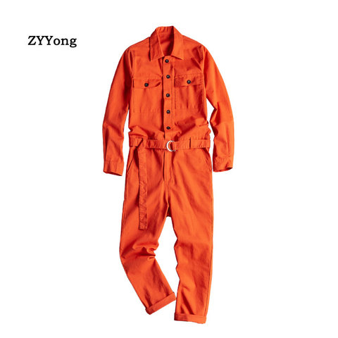 ZYYong Lapel Long Sleeve Orange Red Men's Jumpsuit Hip Hop Casual Loose Multi-Pocket Overalls Comfortable Cargo Pants Trousers ► Photo 1/6