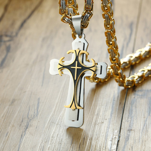 Vnox Cross Necklace For Men Byzantine Gold Stainless Steel Chain Catholic Crucifix Pendant Male Punk Rock Ornaments ► Photo 1/6