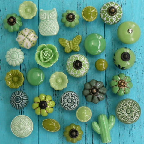 1PCS Ceramic Flower Owl Cactus shape Knobs Dresser Cabinet Pulls Green Color Kitchen Door Handle Knob Furniture Hardware w/Screw ► Photo 1/4