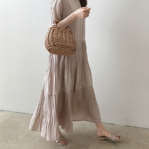 Women Summer Round Collar Cascading Ruffle Loose Straight Long Dress Cotton Linen Short Sleeve Midi Sundress Solid Color ► Photo 1/5