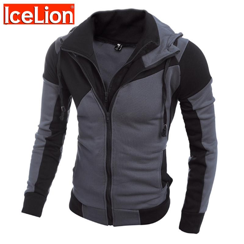 Fashion Mens Patchwork Leather Hoodie Long Sleeve Casual Oblique Zipper Pullover 