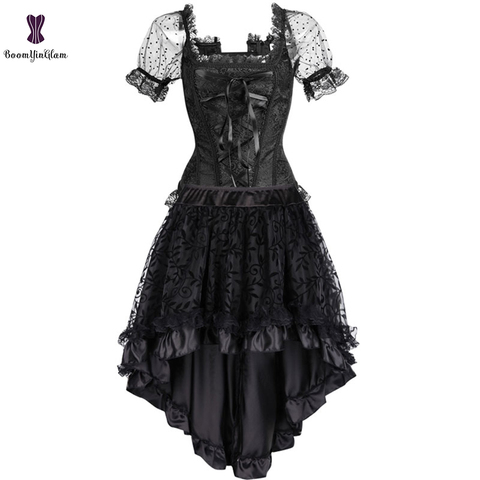 Sexy Women's Corset Dress Gothic Overbust Corsets and Bustiers With High  Low Skirt Plus Size Showgirl Costume Set