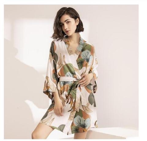 2022 Spring New Ladies Silk Satin Thin Robe Comfort Fresh Style Floral Printed Sleepwear Sexy Nightgown Femme Satin Homewear ► Photo 1/4