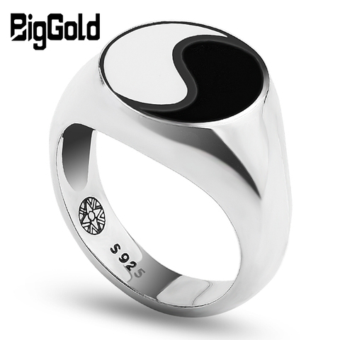 Tai chi Yin Yang Gossip Ring Epoxy Rings Men Antique 925 Sterling Silver Finger Enamel Asian Ring Jewelry For Men and Women ► Photo 1/6