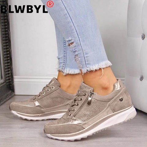 Women Sneakers Ladies Elastic Thicken Heel Running Shoes zipper Leather Platform Trainers Tenis Feminino 2022 Zapatos De Mujer ► Photo 1/5