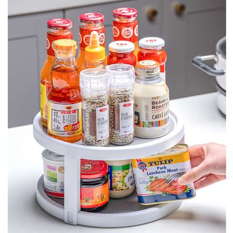 Double Layer Kitchen Storage Tray Seasoning Rack 360 Rotating Tray Kitchen Organizer Space-saving Rolling Tray Round Tray ► Photo 1/6