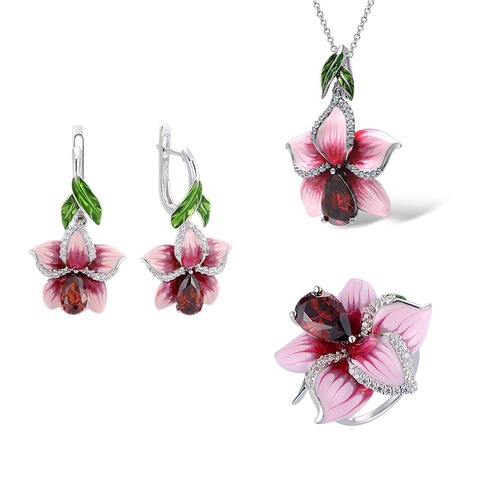 HOT Ladies Peach Blossom Lotus Silver Wedding Jewelry Sets Temperament Elegant Pink Enamel Flower Ring Necklace Earrings Set ► Photo 1/6