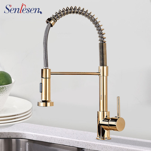 Senlesen Spring Kitchen Faucet Golden Finish Brass Swivel Spout Single Handle Vanity Sink Mixer Water Tap ► Photo 1/6