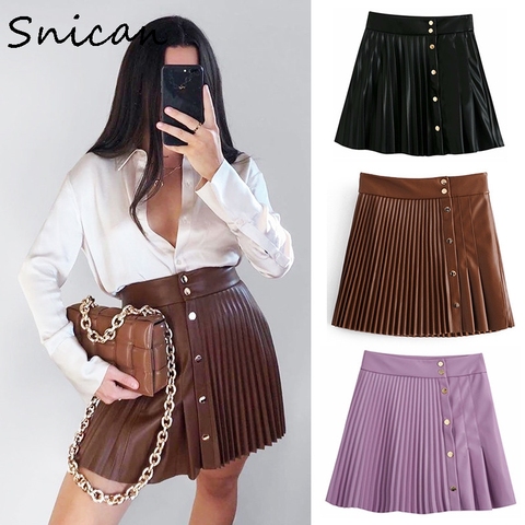 snican solid pu leather skirt high waist buttons sexy mini pleated skirt Asymmetrical fashion faldas cortas za 2022 women autumn ► Photo 1/6