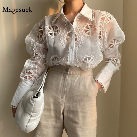 Spring Plus Size Lace White Blouse Women Hollow Out Floral Embroidery High Quality Shirt Sexy See Through Long Sleeve Top 13369 ► Photo 1/6