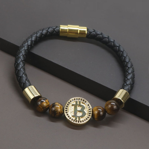 2022 8mm Natural Tiger Eye Stone Luxury Leather Bracelets For Men Gold Color Bitcoin Bracelet Men Pulseira Masculina BT-8 ► Photo 1/1