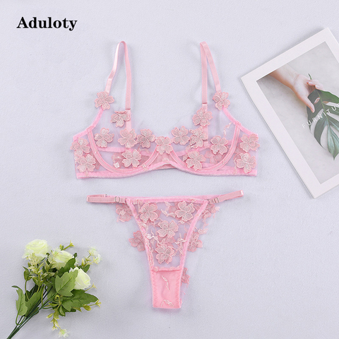 Best selling New Women's lace embroidered underwear  thin mesh see-through sexy erotic lingerie underwire gather bra thong set ► Photo 1/6