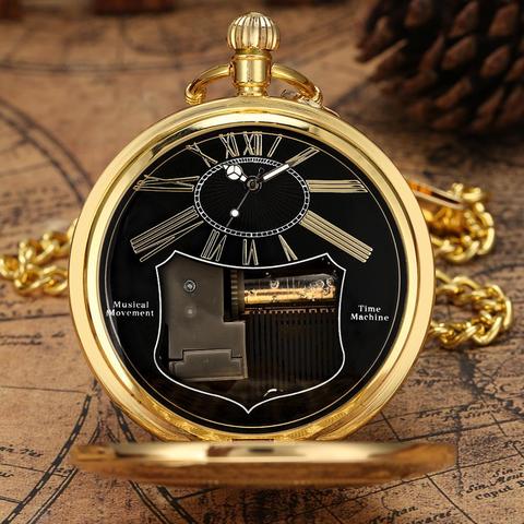 Exquise Gold Musical Movement Pocket Watch Hand Crank Playing Music Watch Chain Roman Number Carved Clock Happy New Year Gifts ► Photo 1/6