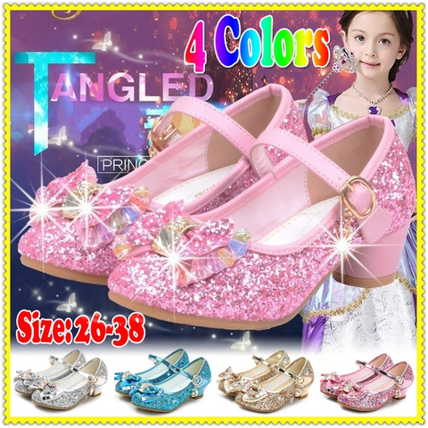 Buy Online Princess Kids Leather Shoes For Girls Flower Casual Glitter Children High Heel Girls Shoes Butterfly Knot Blue Pink Silver Alitools