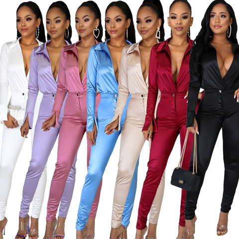 Charming Women Satin Outfits 2022 New Arrivals Deep V Neck Bodysuit Shirt + High Waist Pants Two Pieces Party Clubwear Sets ► Photo 1/6