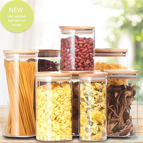 Bamboo Lid Glass Sealed Storage Candy Jar Kitchen Food Moisture-Proof And Insect-Proof Reserve High Borosilicate Container Tool ► Photo 1/6
