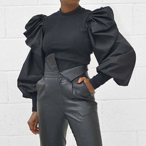 Puff Ruffle Long Sleeve Women Blouse 2022 Fashion Solid Black White Pink Shirt Tops Tees Ladies Slim Jumper Pullover Shirt ► Photo 1/6