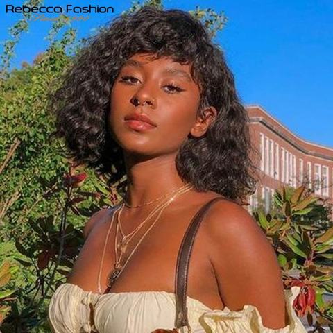 Rebecca Short Curly Human Hiar WIgs Kinky Curly Short Bob Wig With Bangs Full Wig For Women Peruvian Remy Hair Nature Burgundy ► Photo 1/6