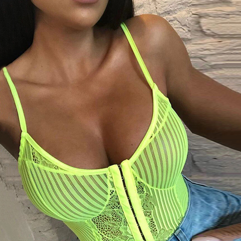 OMSJ Newest Women Neon Green Orange Stripe Lace Bodysuit One Piece Sheer Sexy Floral Embroidery Playsuit Night Out outfits Party ► Photo 1/6