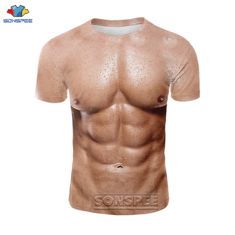 SONSPEE Summer Men Fake Muscle T-shirts 3D Print Strong Pectorales Pattern T Shirt Women Men Abdominal Gym Tee Shirts Streetwear ► Photo 1/4