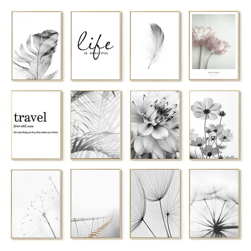 Black And White Dandelion Feather Poster And Printed Letters Wall Art Painting 