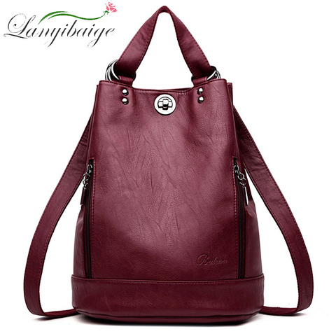 2022 Women Leather Backpacks Multifunction Women Vintage Shoulder Bag Ladies Rucksack large capacity Travel Bag Sac a Dos Preppy ► Photo 1/6