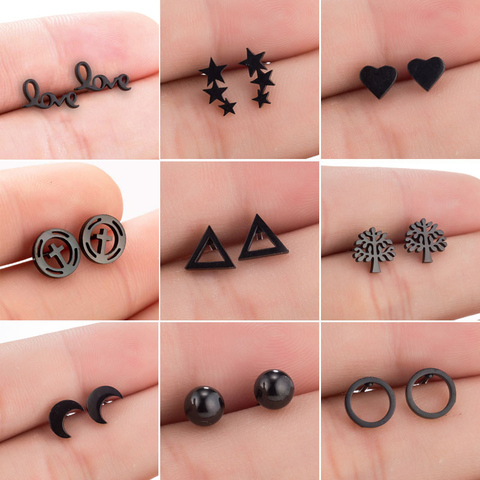 Stainless Steel Black Earrings for Women Kid Fashion Small Geometric Triangle Circle Moon Earring Jewelry pendiente Gift 2022 ► Photo 1/6