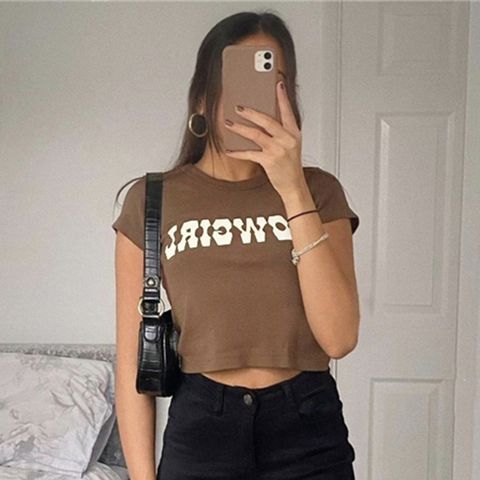 Vintage Letter Print Sexy Crop Tops Women Casual Short Sleeve Cotton Pullover Tees Summer Slim Streetwear T-shirt Woman 2022 ► Photo 1/6