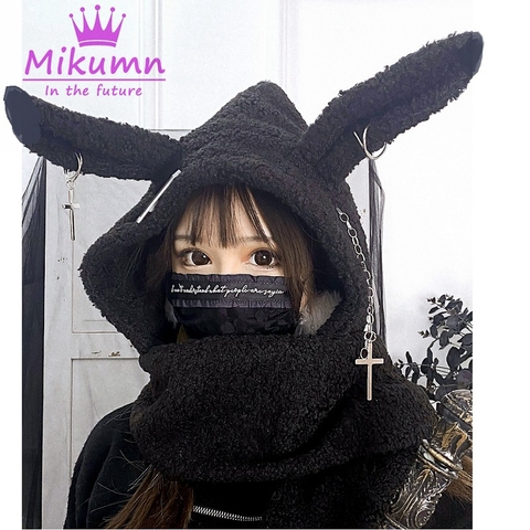 Japanese Harajuku Girls Long Rabbit Ear Hat Gothic Black Cross Chain Lambswool Winter Warm Hooded Scarf Caps Streetwear ► Photo 1/6