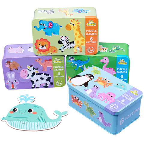 Kids Creative Wooden Puzzle Iron Box Kindergarten Baby Early Education Cartoon Animal Traffic Puzzle Cognitive Interactive Game ► Photo 1/6