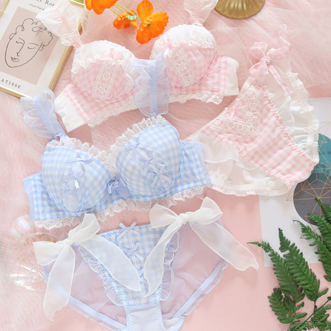 Sweet Sexy Girl Spring Summer Underwear Set Japanese Lolita Cute Maid Plaid Lace Bow Push Up Underwire Bra & Panties Set Intima ► Photo 1/6