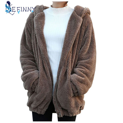 2022 Women Hoodies Zipper Girl Winter Loose Fluffy Bear Ear Hooded Jacket Warm Outerwear Coat Cute Sweatshirt ► Photo 1/6