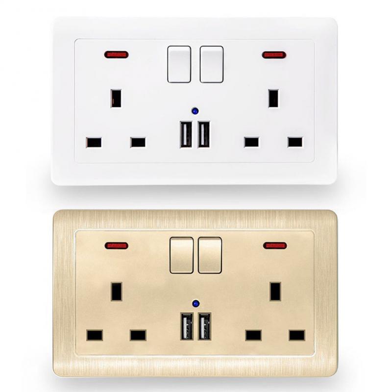 2 Way UK Plug Mains Power Socket W/ USB Charging Ports Connection Wall Plate 13A 