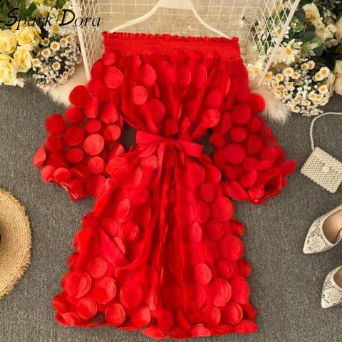 Spring Elegant Dress Fashion Dimensional Three Quarter Bubble Sleeve Flower Closing Waist Slash Neck Vestidos Lace Bandage Dress ► Photo 1/6