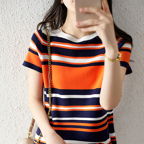 shintimes Tee Shirt  2022 Summer New Knitted T-Shirt Women Casual Woman T-Shirts Striped Hit Color Tops Loose Tee Shirt Femme ► Photo 1/6