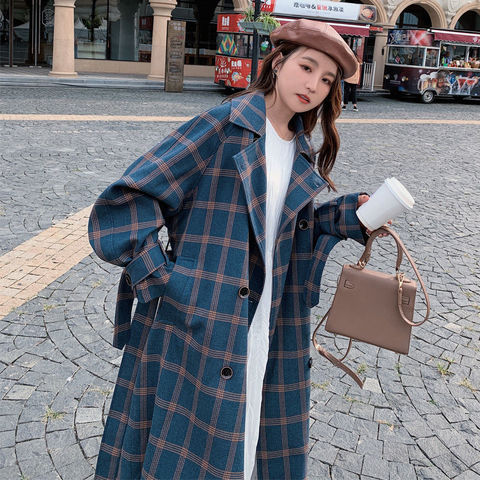 Blue Plaid Trench Coat Belt 2022 Autumn Women Korean Loose Lattice Windbreaker Ladies Double-breasted British Long Overwear H120 ► Photo 1/1