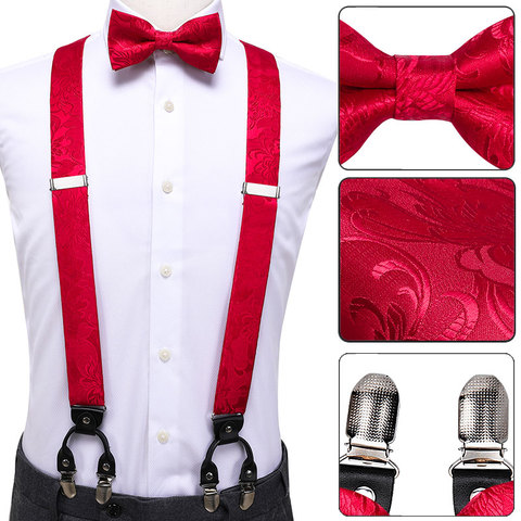 Hi-Tie 100% Silk Adult Men's Red Floral Wedding Suspender Bow Tie Set Vintage Men Fashion Leather Metal 6 Clips Suspender Braces ► Photo 1/6