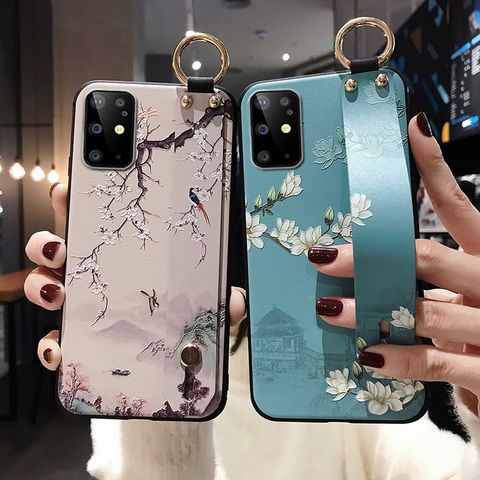 for Samsung S20 Plus A51 A71 A31 A41 Note 10 Lite S20 Ultra Case 3D Emboss Luxury Leaf Flower Wrist Strap Holder Back Cover Etui ► Photo 1/6