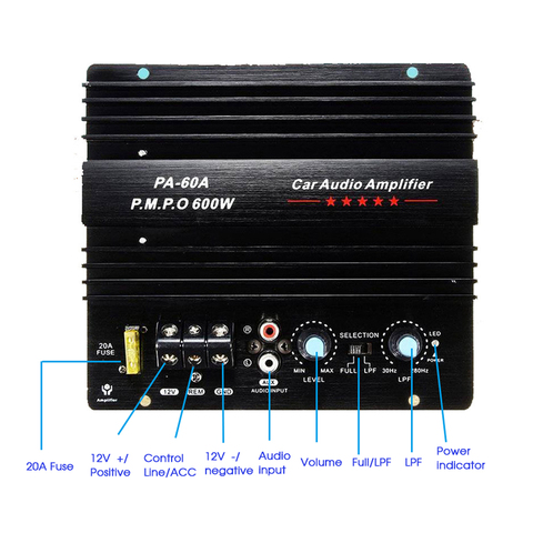 New 12V 600W PA-60A Speaker Subwoofer Bass Module High Power Car Audio Accessories Mono Channel Durable Lossless Amplifier Board ► Photo 1/6