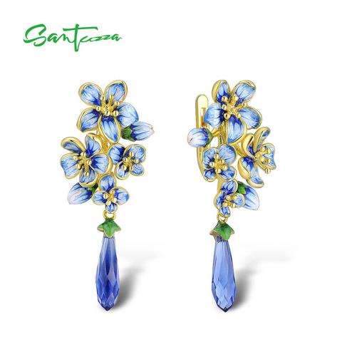 SANTUZZA Silver Earrings For Women  925 Sterling Silver Gold Color Exquisite Flowers Drop Earrings Fine Jewelry Handmade Enamel ► Photo 1/6